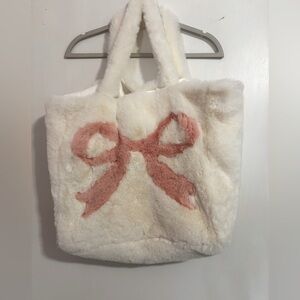 Cream and Pink Bow Faux Fur Tote Bag